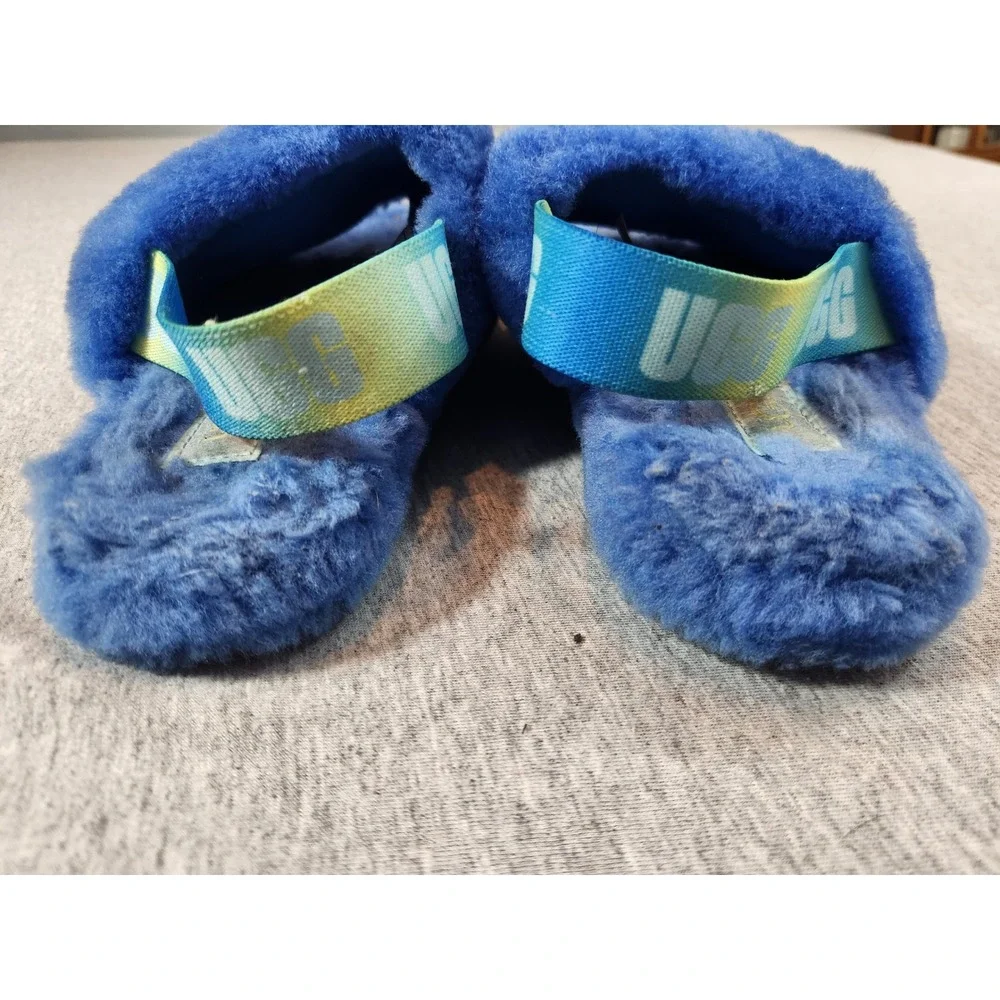 UGG Fluff Yeah Slides Kids Size 2 Blue Elastic Slingback Sheepskin Sandals